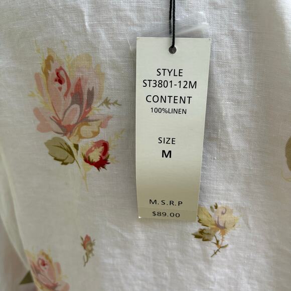 For Cynthia Duster Open Front Top Sz Md 100% Linen Floral Roll Tab Lagenlook NWT - Picture 12 of 12